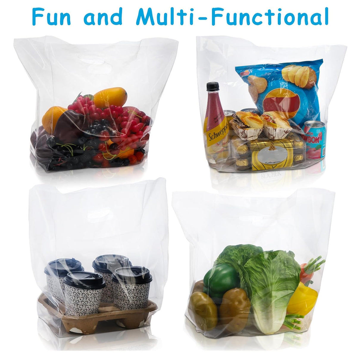 50PCS Clear PE Bags with Handles for Takeout Food Packaging