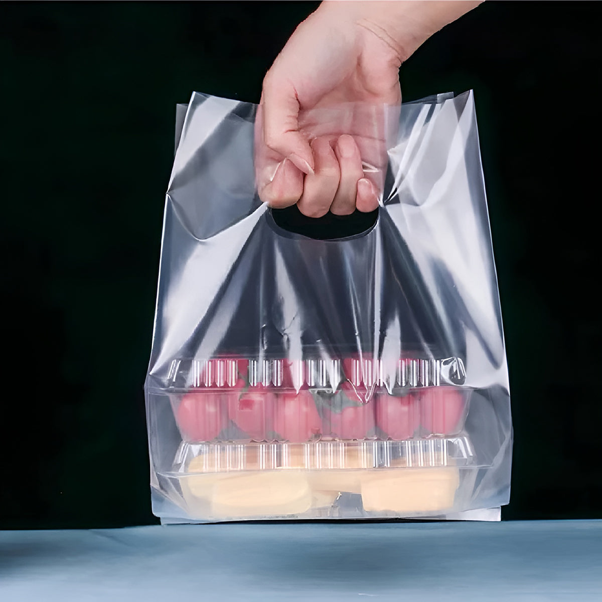 50PCS Clear PE Bags with Handles for Takeout Food Packaging