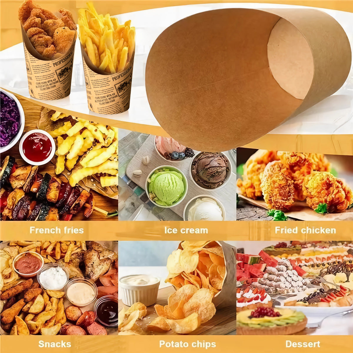 50PCS 14oz Slant Top French Fry Paper Cups Greaseproof Kraft Snack Containers