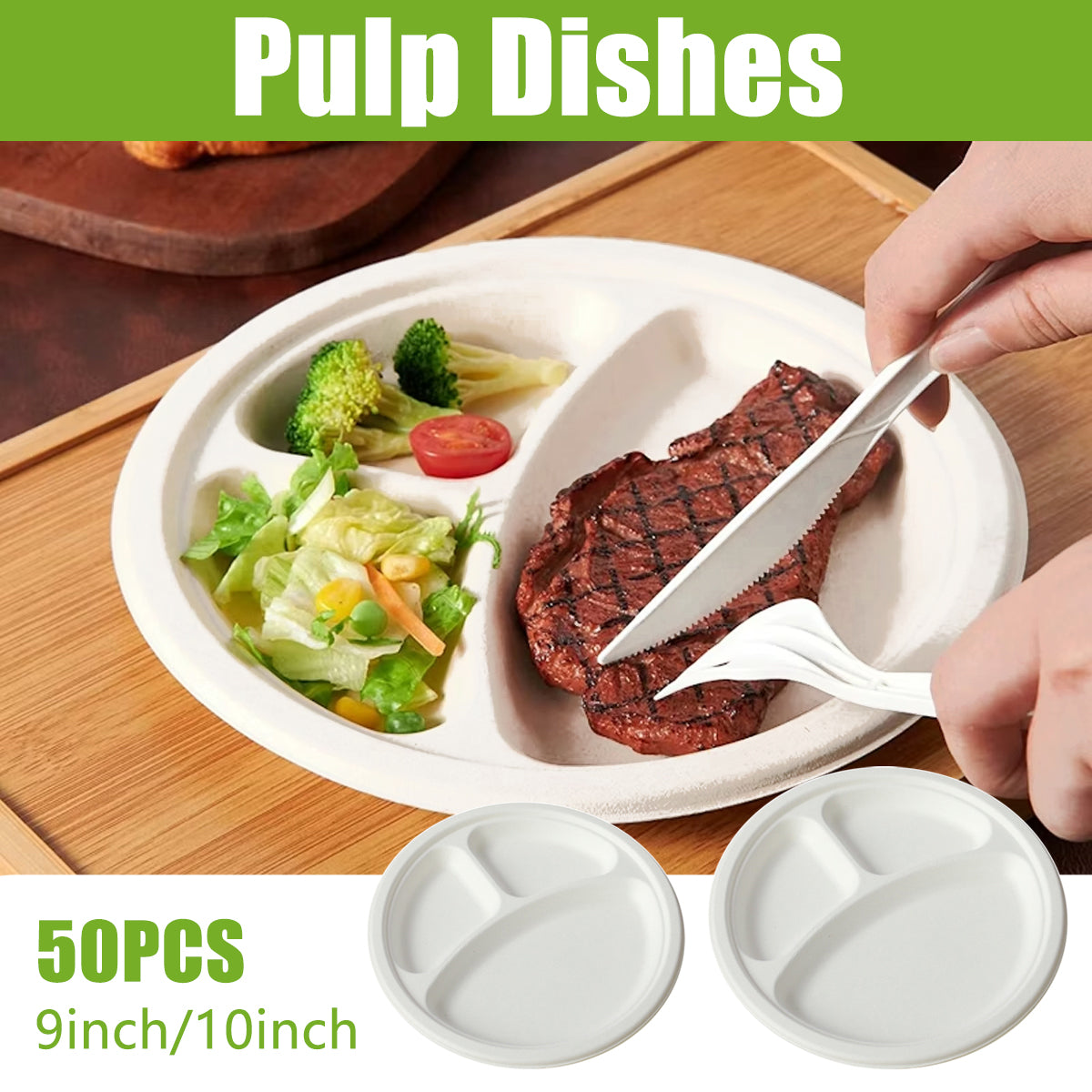 50PCS 9/10 Inch Pulp Plates 3-Compartment Oil Water Proof