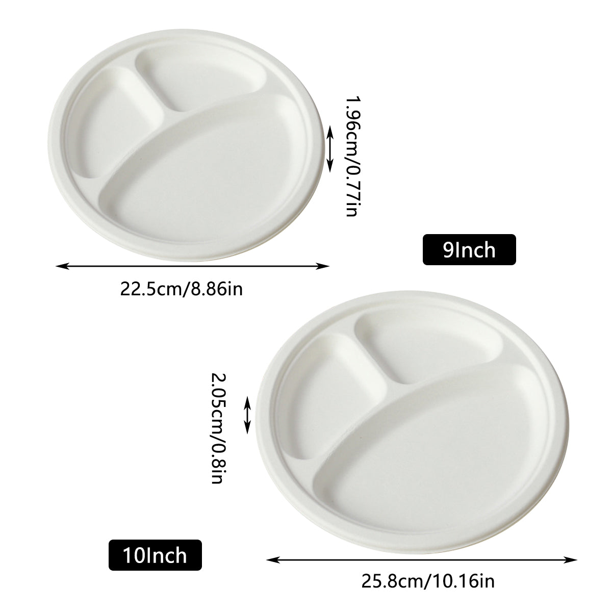 50PCS 9/10 Inch Pulp Plates 3-Compartment Oil Water Proof