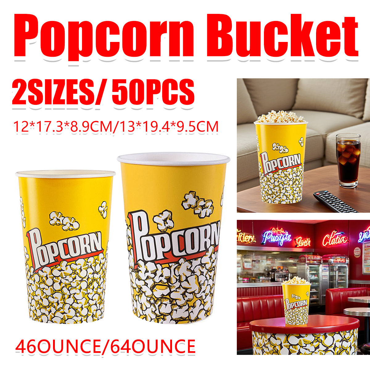 50PCS Disposable Popcorn Buckets Food Grade Paper Snack Containers