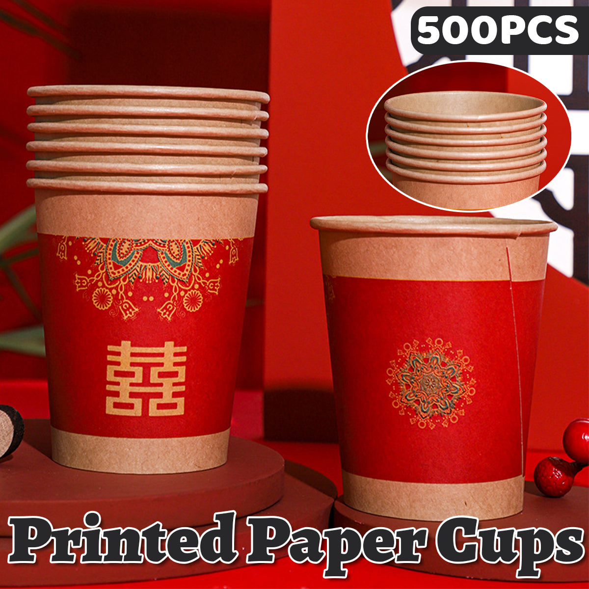 500PCS Double Happiness Printed Paper Cups Wedding Hot Cold Drink Cups