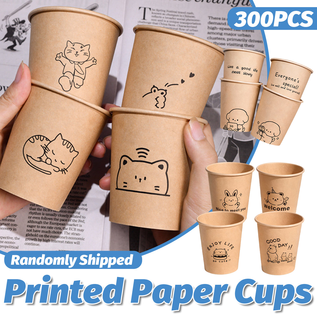 300PCS Disposable Paper Cups 250ml Food-Grade Leakproof