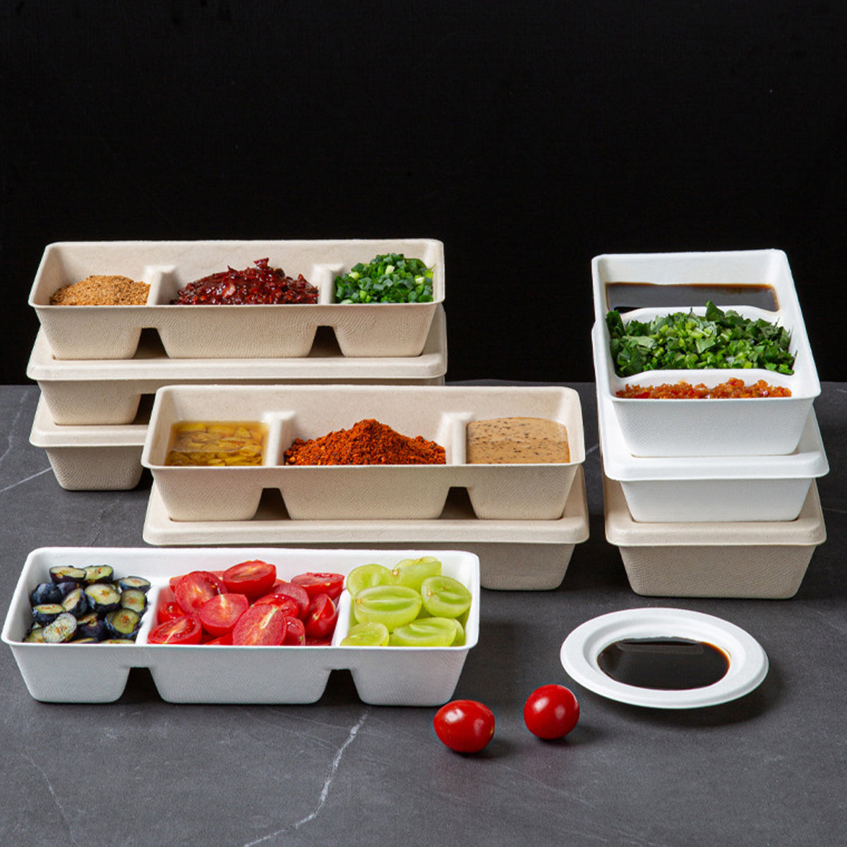 30PCS Disposable Pulp Three Compartment Dip Box for Sushi BBQ Condiment