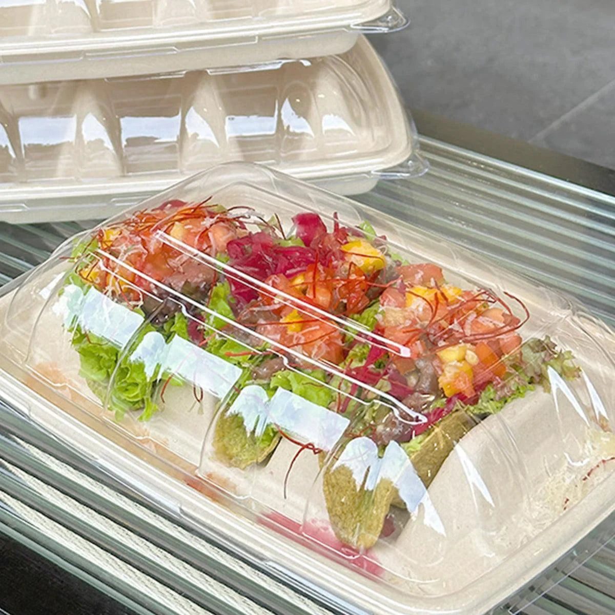 Taco Plate Food-Grade Tray 22.5cm with Clear Lid 50 Pieces