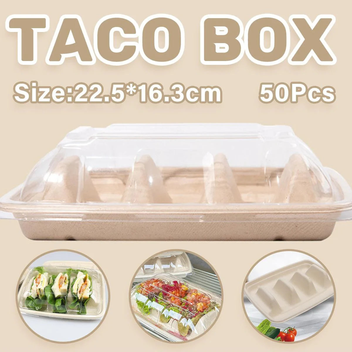 Taco Plate Food-Grade Tray 22.5cm with Clear Lid 50 Pieces