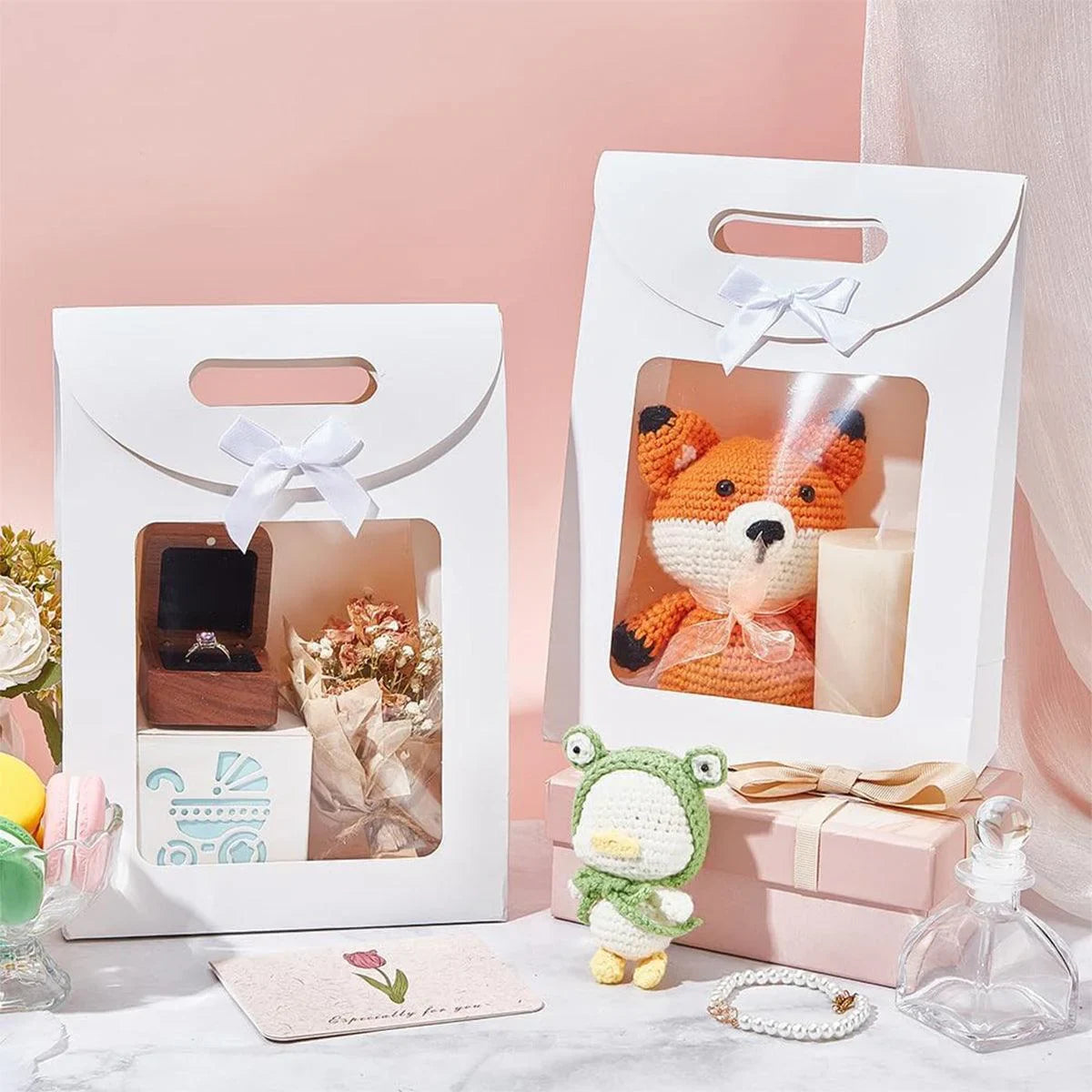 Tote Bags Kraft Paper with Bow Transparent Window 24 Pieces