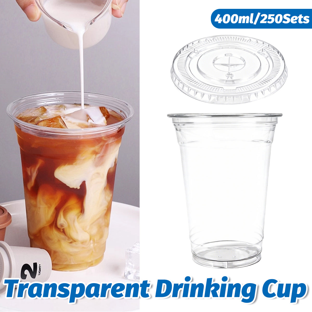 250Sets Transparent Drinking Cups with Lids 400ml Food-Grade