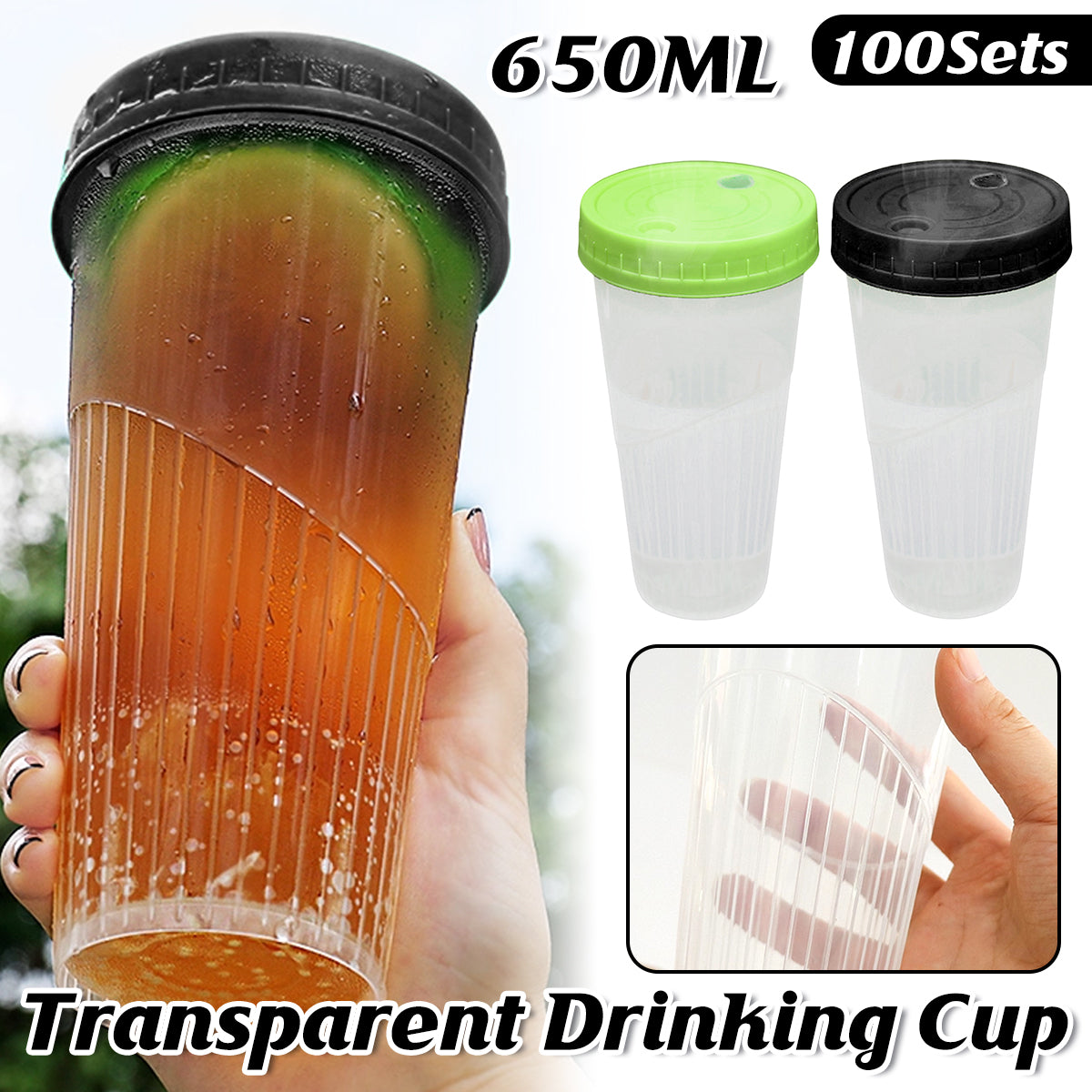 100 Sets 650ml Transparent Drinking Cups with Lids Party Use