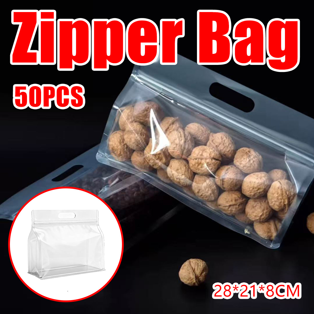 50PCS Clear Zipper Bags Resealable Food Grade Storage for Snacks