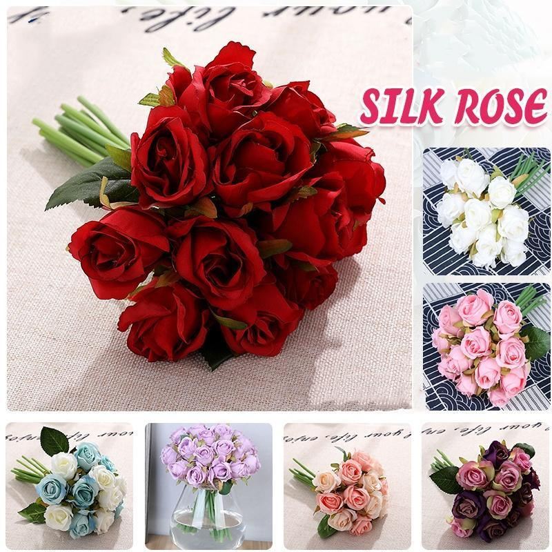 Artificial Flowers Silk Rose Fake Bouquet 12PCS 7Colours - Discount Packaging Warehouse