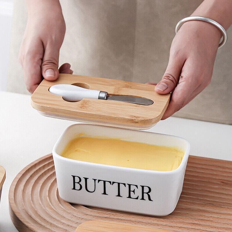 Ceramic Butter Dish with Bamboo Lid & Cutter 1PC 600ml - Discount Packaging Warehouse