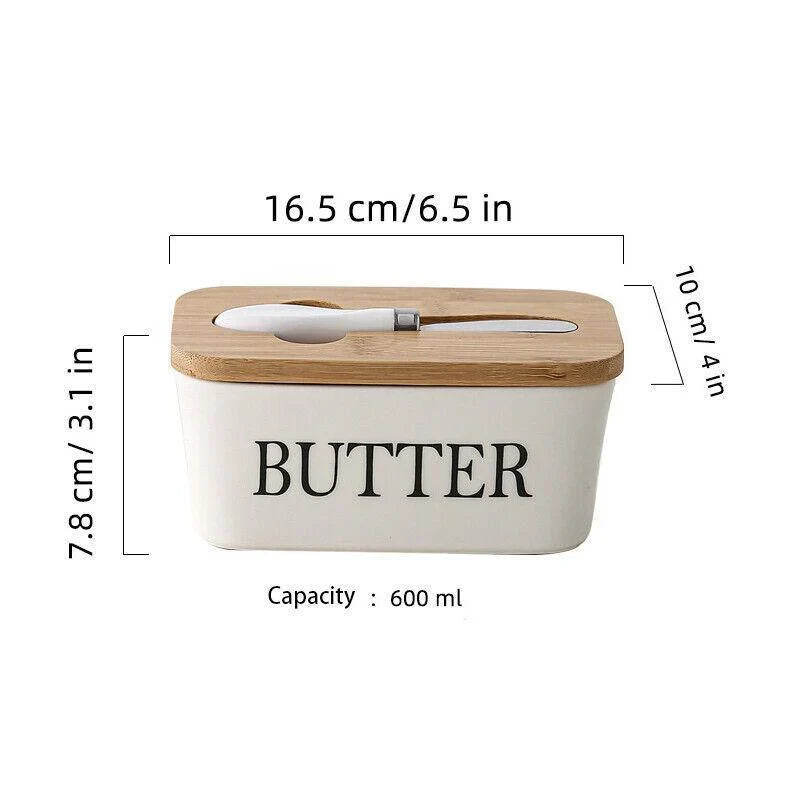 Ceramic Butter Dish with Bamboo Lid & Cutter 1PC 600ml - Discount Packaging Warehouse