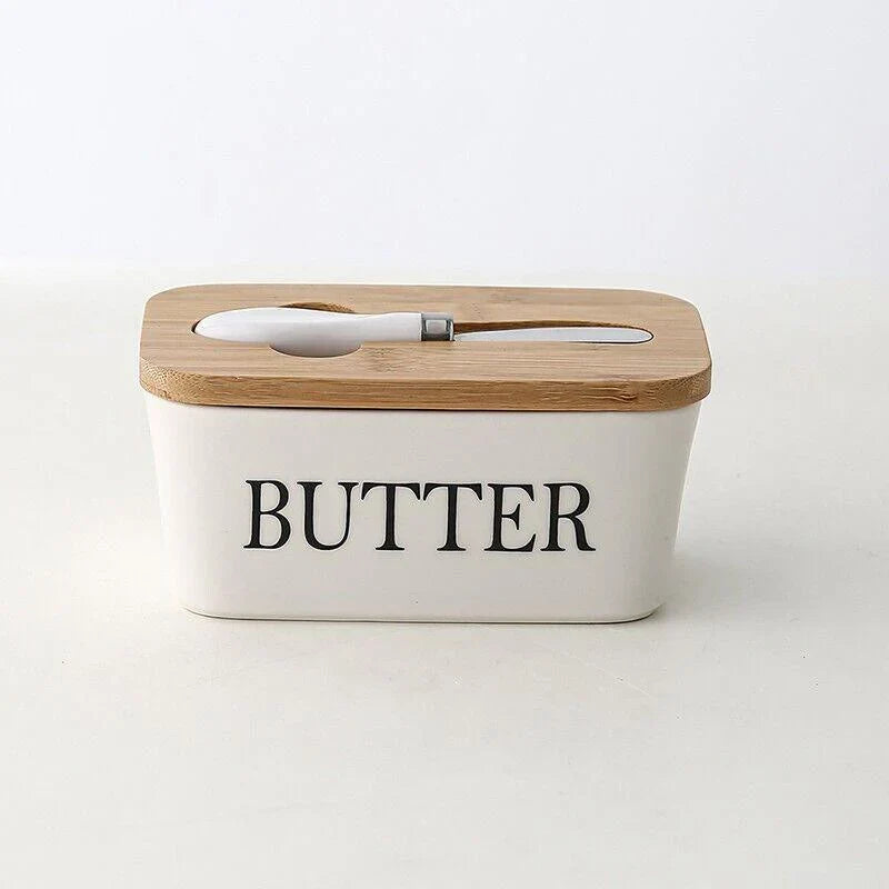 Ceramic Butter Dish with Bamboo Lid & Cutter 1PC 600ml - Discount Packaging Warehouse