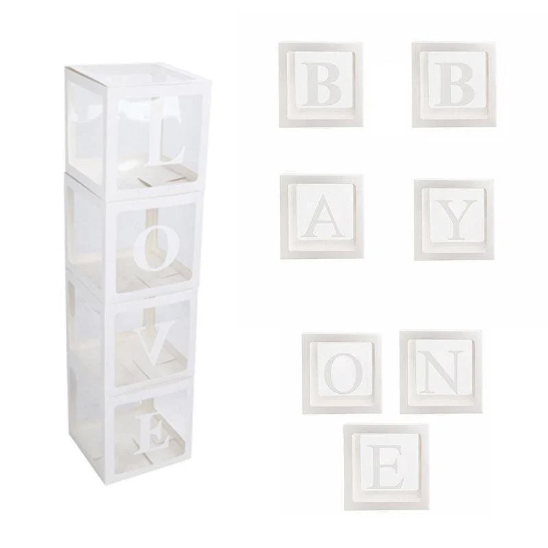 Clear balloon boxes filled with colorful balloons for party decor