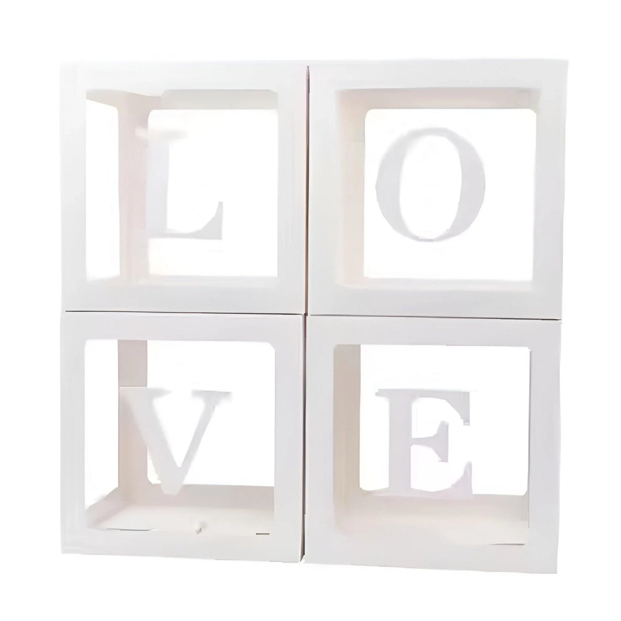 Clear balloon boxes filled with colorful balloons for party decor