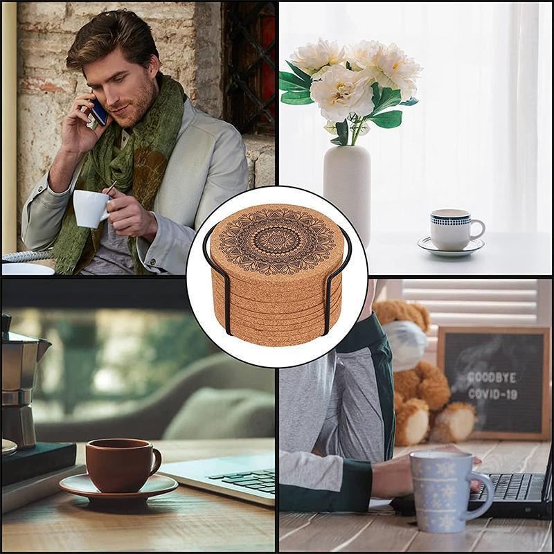 Cup Coasters With Iron Holder 12PCS 10x0.5cm Round Cork - Discount Packaging Warehouse