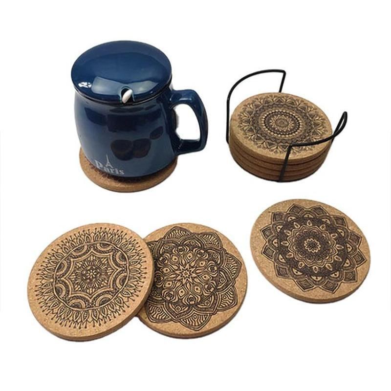 Cup Coasters With Iron Holder 12PCS 10x0.5cm Round Cork - Discount Packaging Warehouse