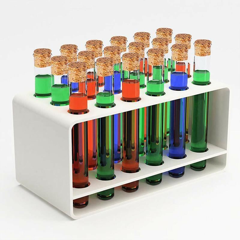 Variety of Test Tubes in a laboratory setting, filled with colorful liquids.