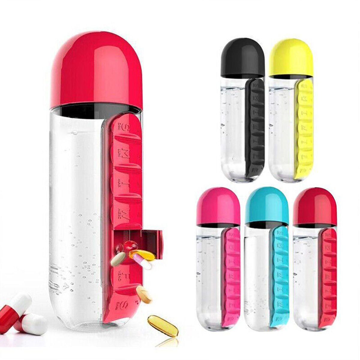 2 IN 1 Water Bottle With 7 Day Pill Box Organizer 1PC 5Colours