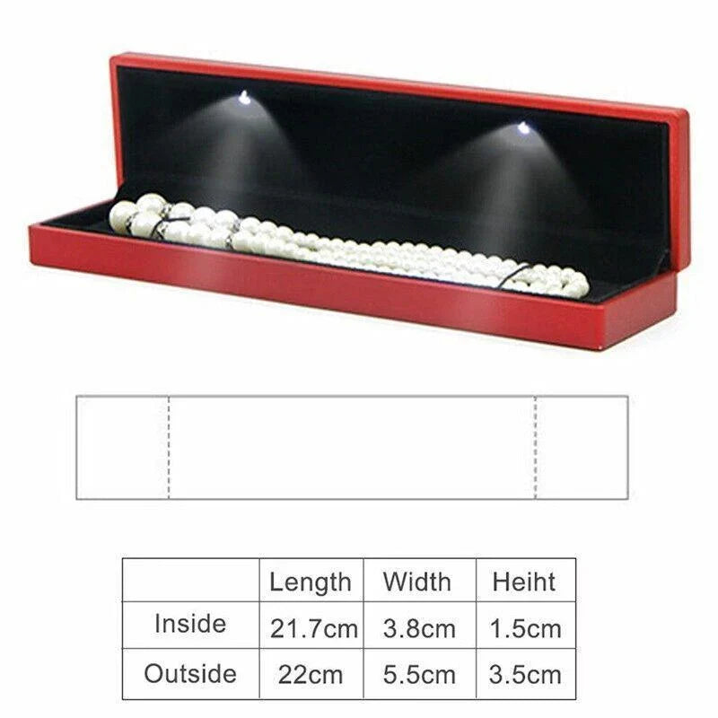 Elegant LED Jewelry Case open, displaying illuminated necklaces and rings.