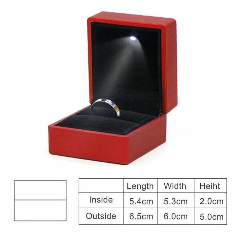 Elegant LED Jewelry Case open, displaying illuminated necklaces and rings.