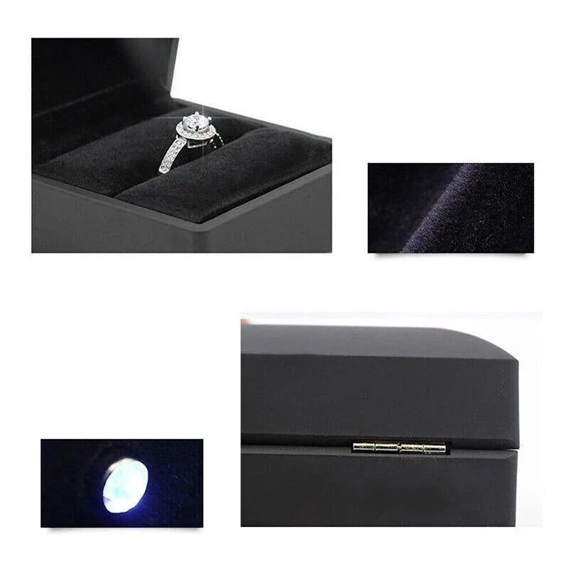 Elegant LED Jewelry Case open, displaying illuminated necklaces and rings.