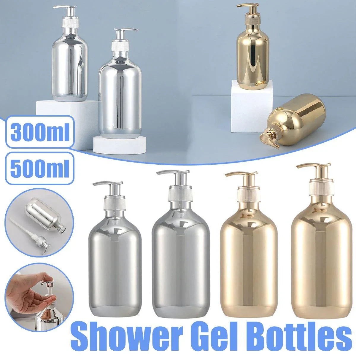 Pump Dispensing Bottle 5-Pack Silver and Gold 300ml/500ml