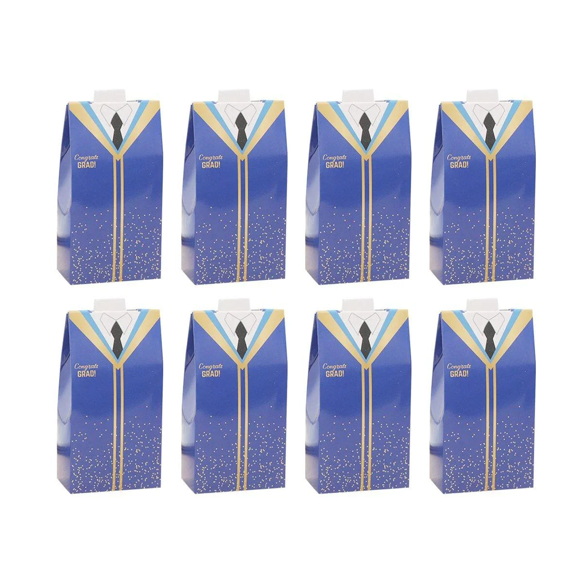A display of 8 candy boxes in blue and black gown designs, perfect for a graduation event.