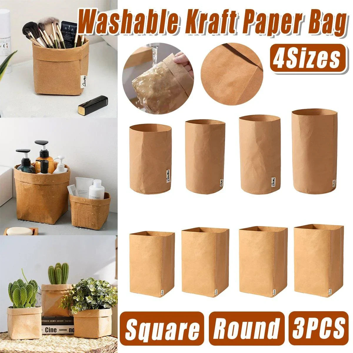3PCS Washable Kraft Paper Storage Bag Kitchen Organizer