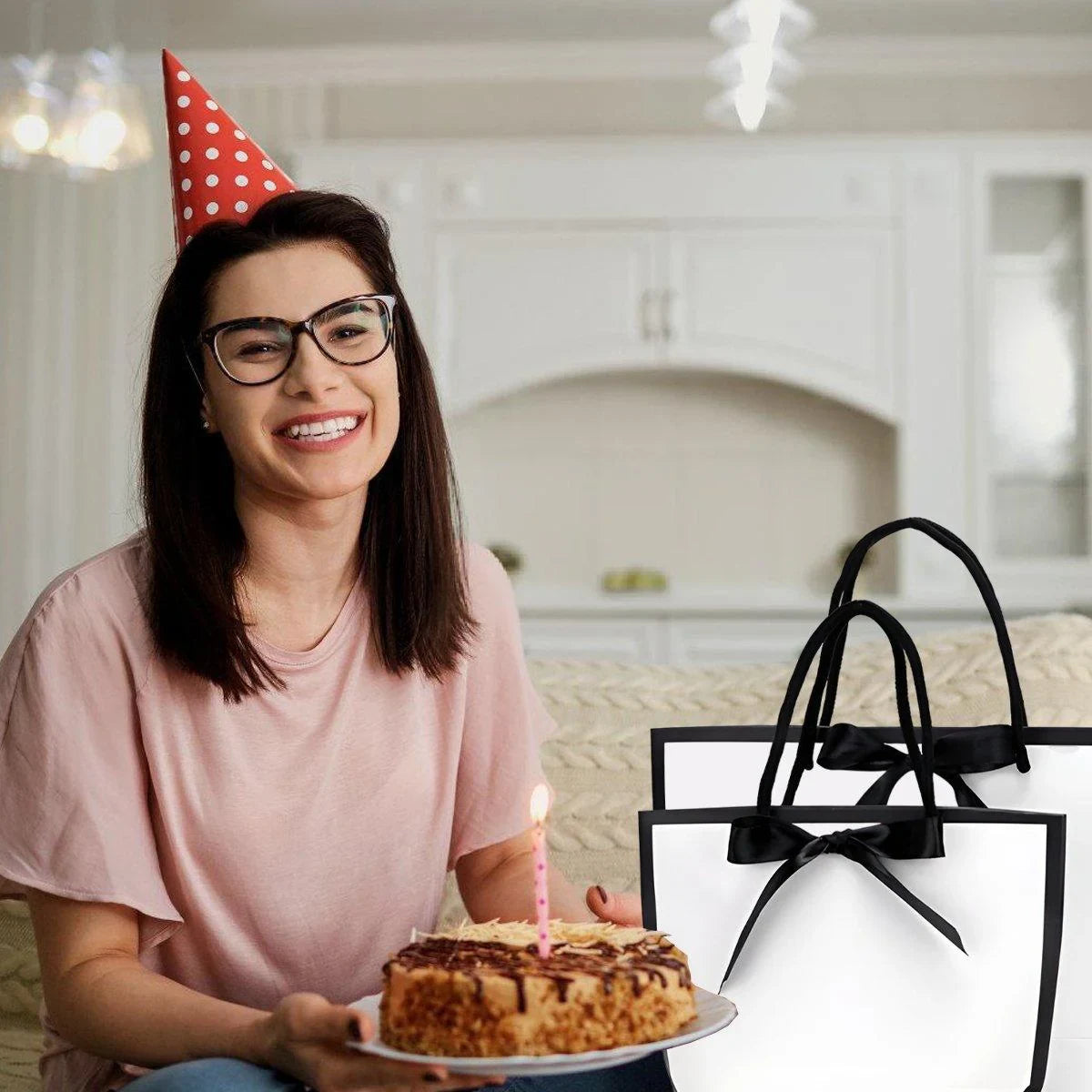 Paper Gift Bags with Black Ribbon 25PCS