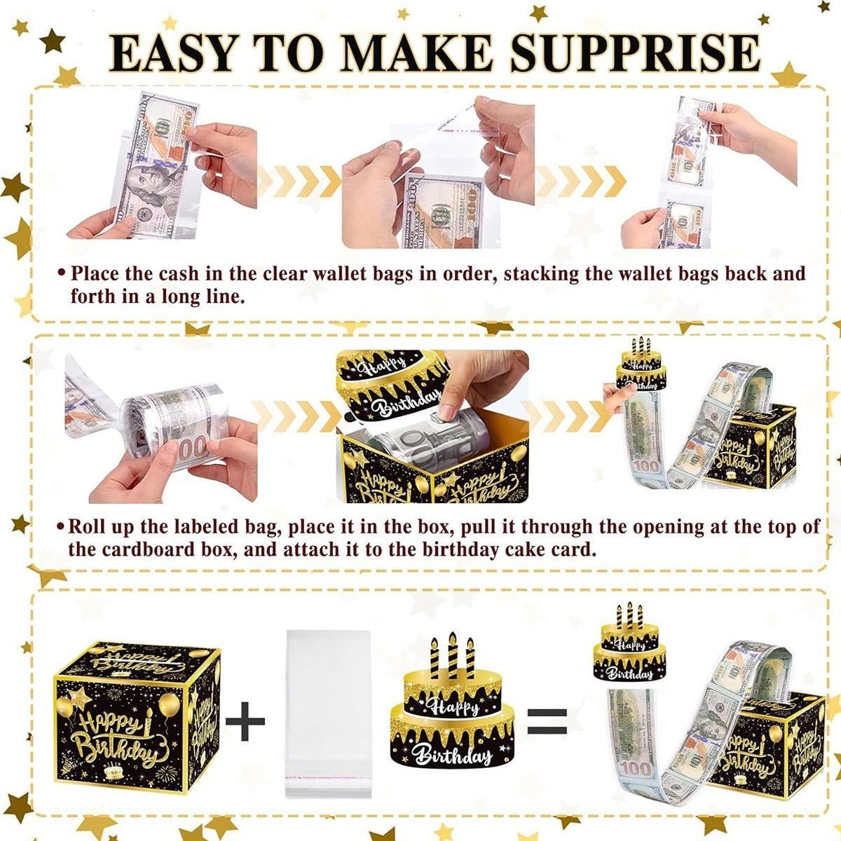 Black and Gold Birthday Money Box 1 Set with 30 Money Bags