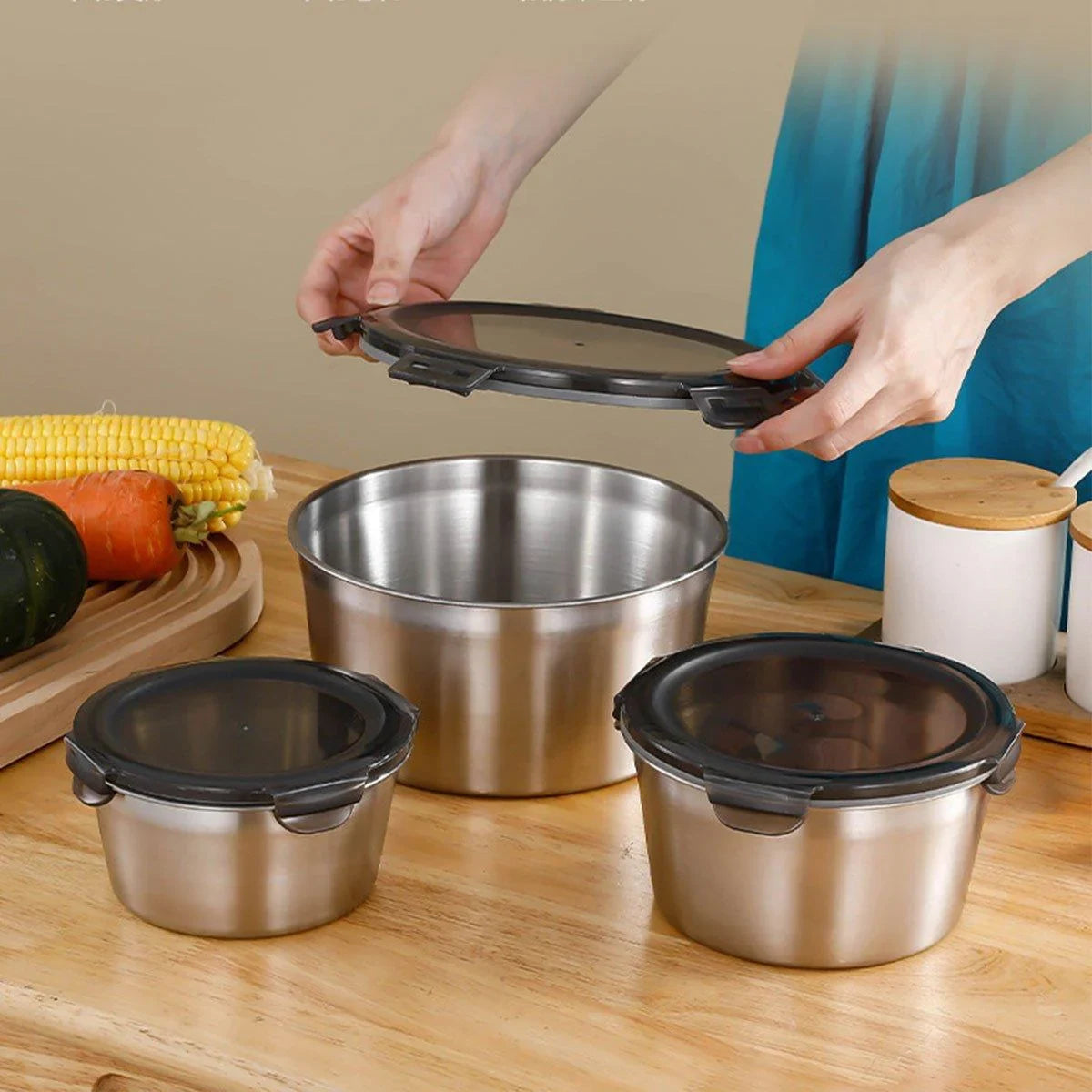 3PCS Stainless Food Container with Lid Round