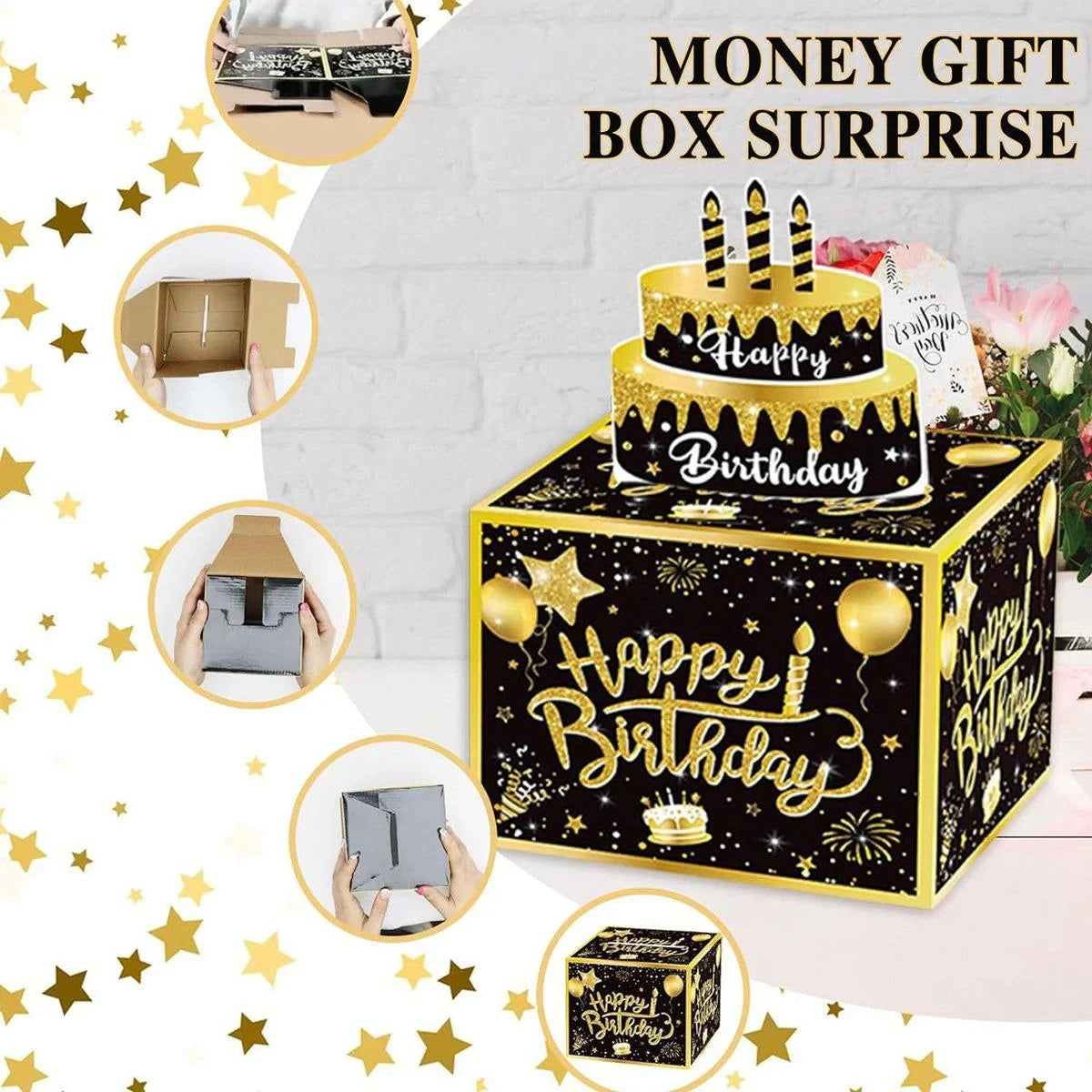 Black and Gold Birthday Money Box 1 Set with 30 Money Bags
