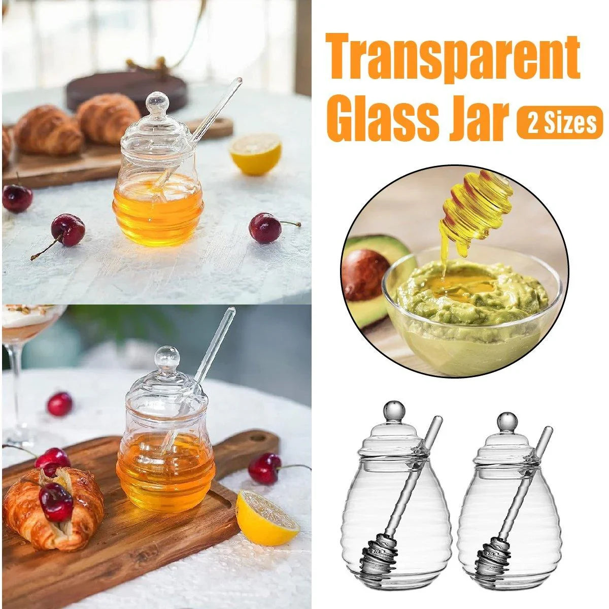 Household Glass Honey Jar with Lid 2PCS Stirring Rod Transparent Honey Bottle
