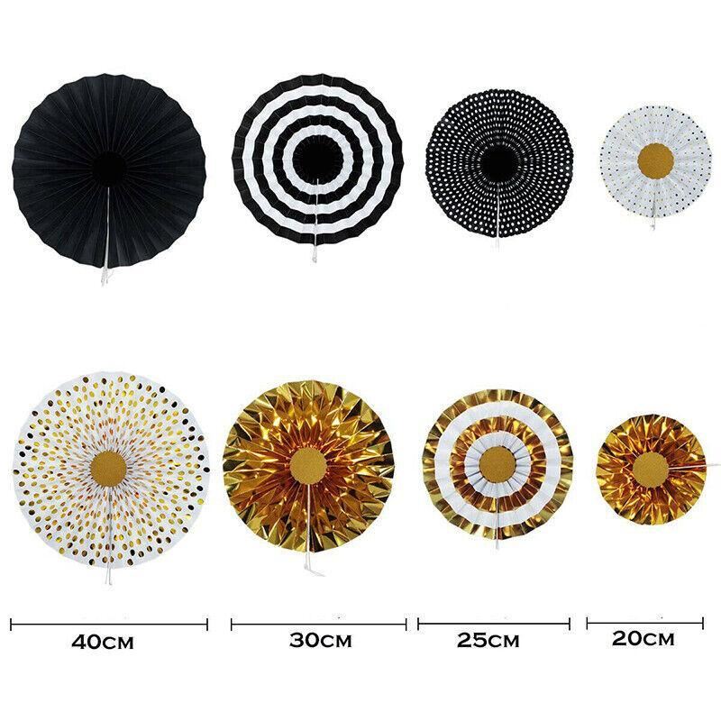 Black Gold Paper Fans Hanging Party Decorations 8PCS