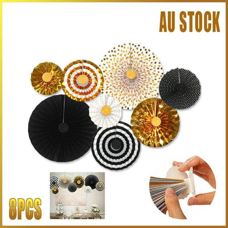 Black Gold Paper Fans Hanging Party Decorations 8PCS