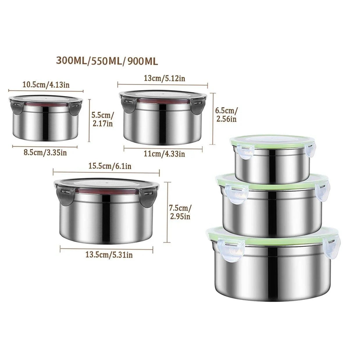 3PCS Stainless Food Container with Lid Round