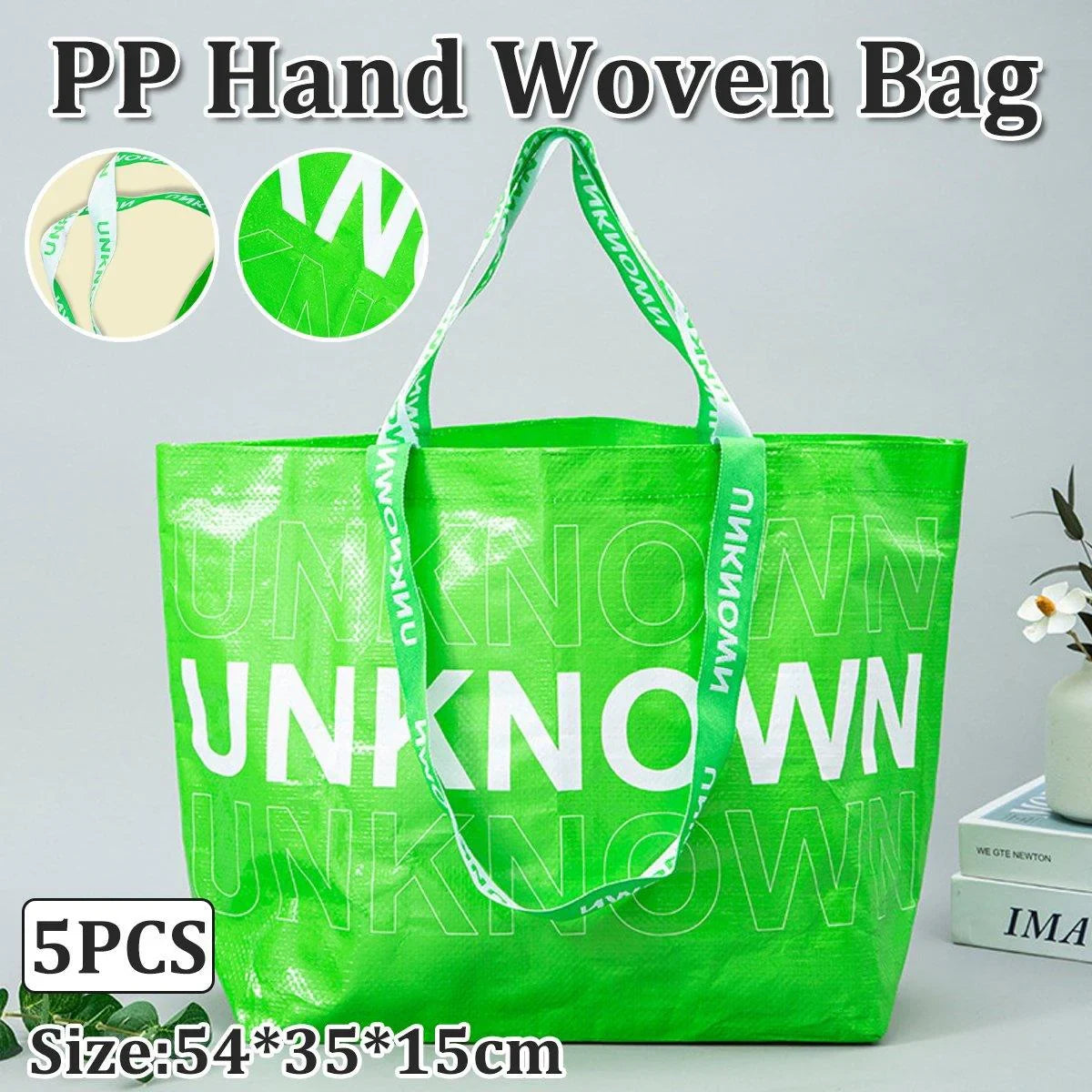 Waterproof Hand-Woven Durable Green Shopping Bags 5PCS