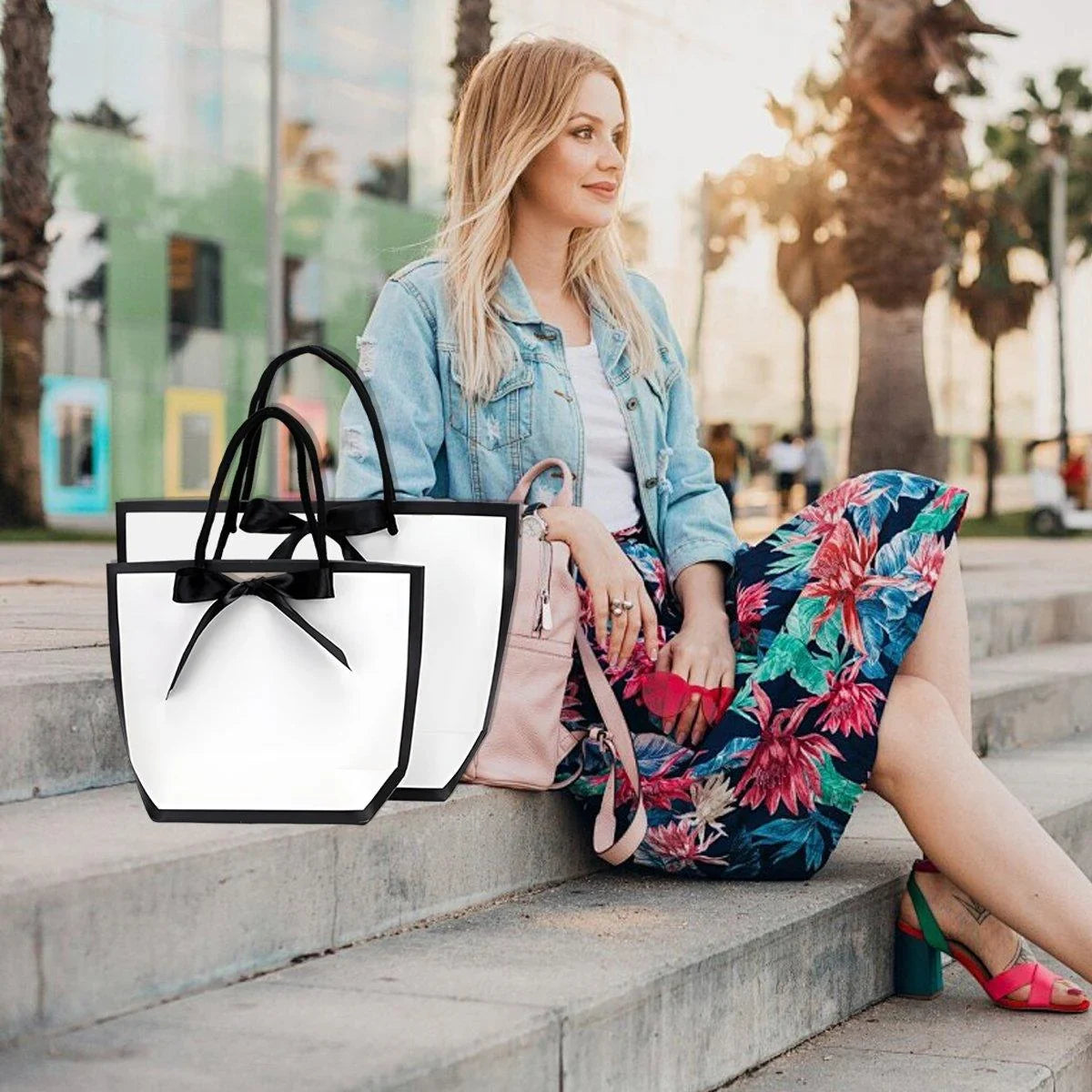 Paper Gift Bags with Black Ribbon 25PCS