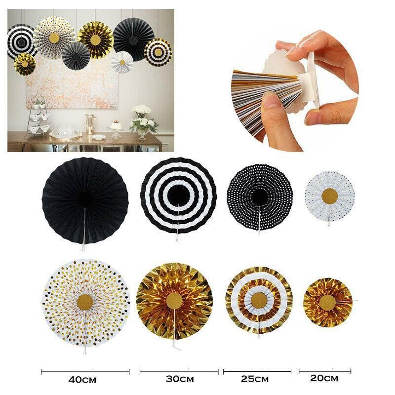 Black Gold Paper Fans Hanging Party Decorations 8PCS