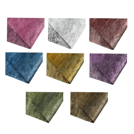 A selection of fabric sheets in various colors, including pink, white, brown, and blue.