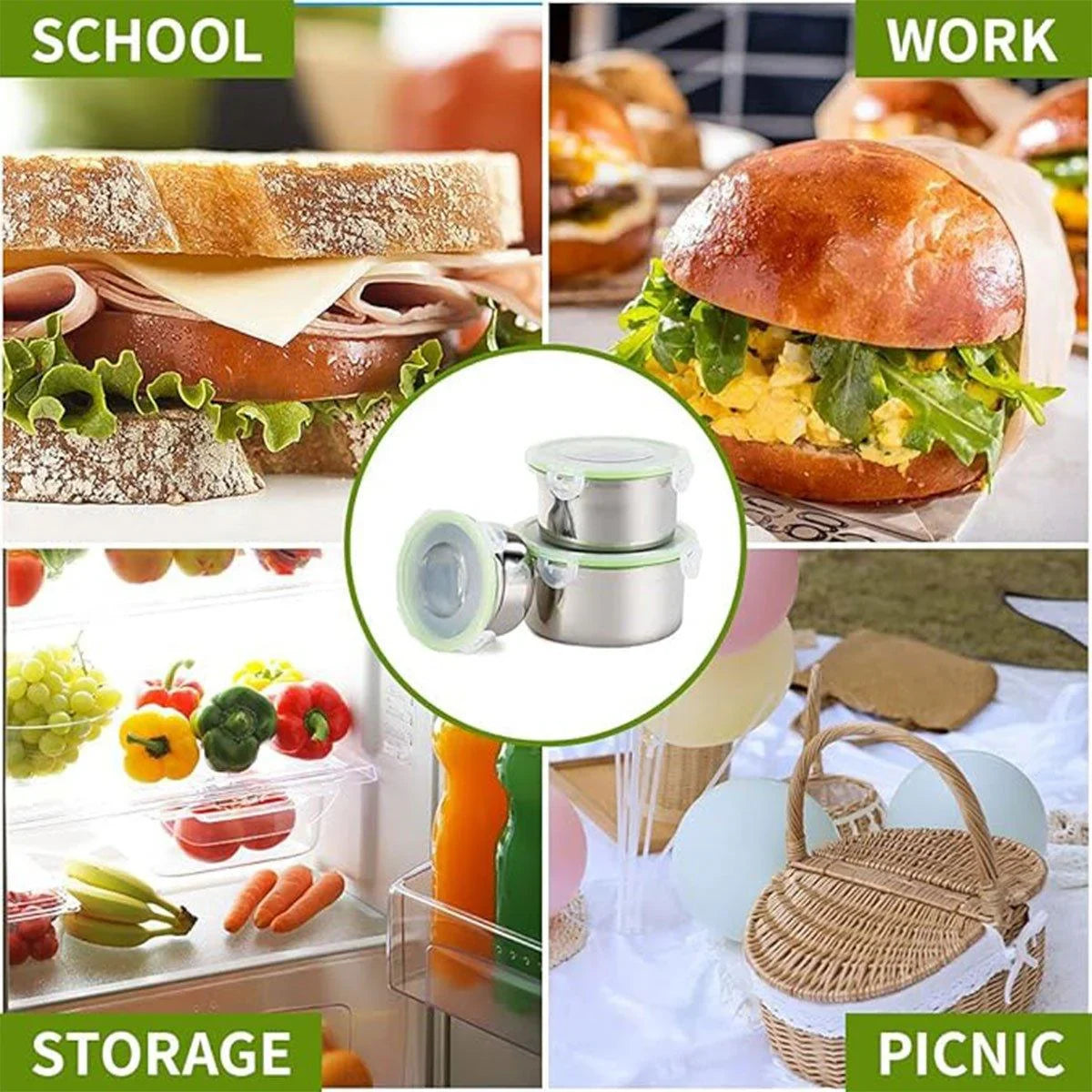3PCS Stainless Food Container with Lid Round