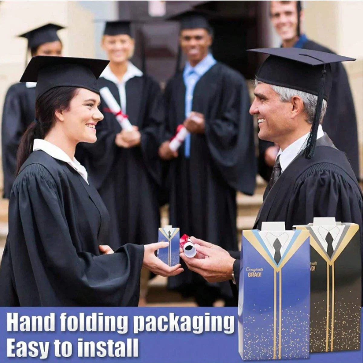 Group of friends in graduation attire holding candy boxes that match their gowns.