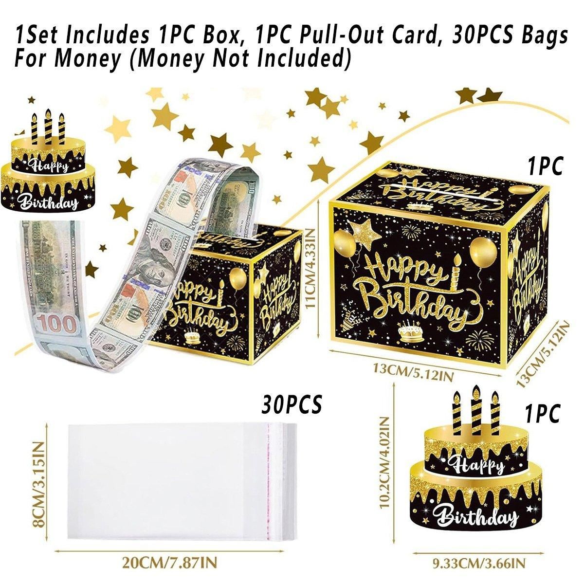 Black and Gold Birthday Money Box 1 Set with 30 Money Bags