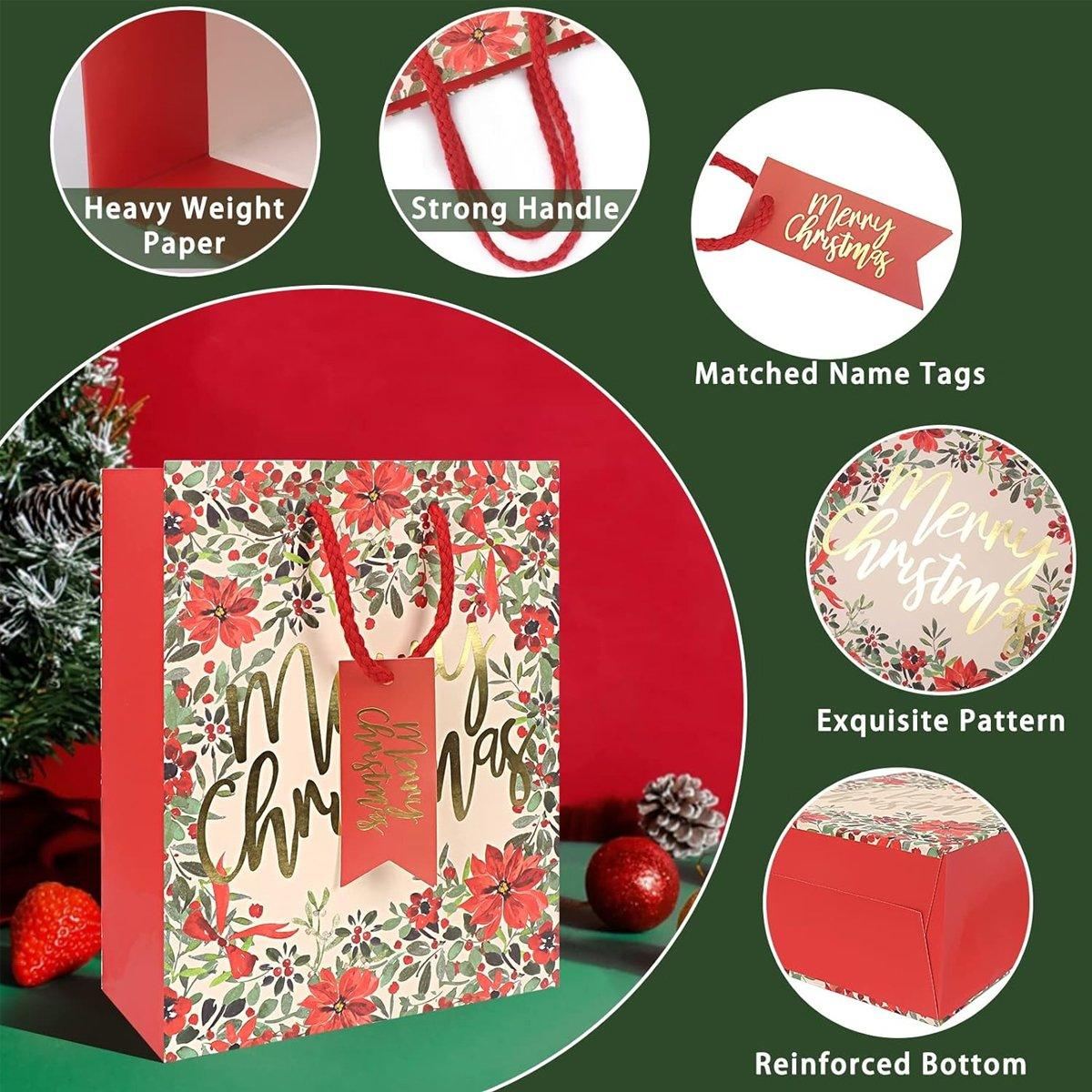 12PCS Christmas Paper Gift Bags Set Xmas Tote