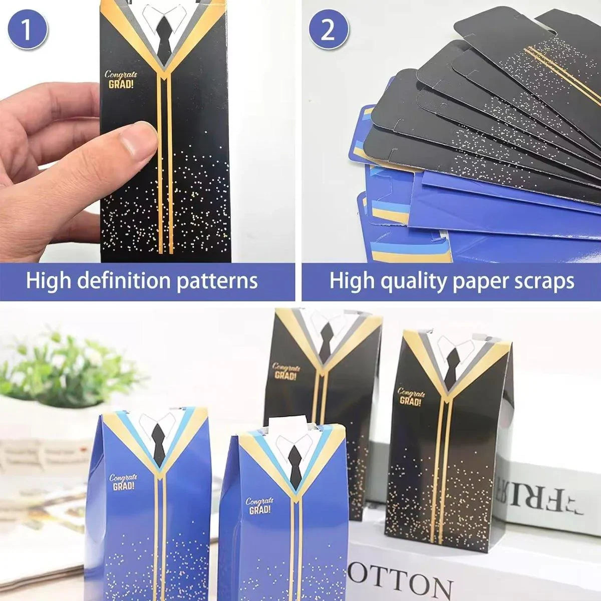 Close-up of a person assembling a graduation candy box with step-by-step instructions.