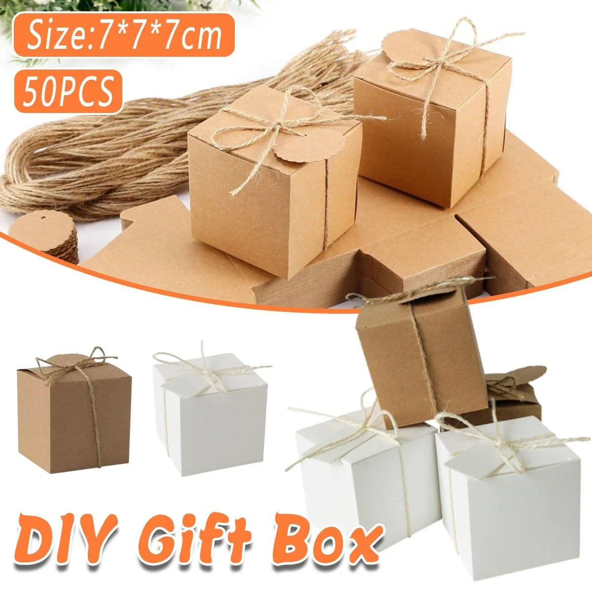 Kraft Paper Gift Boxes with Hemp Rope and Tags 50PCS