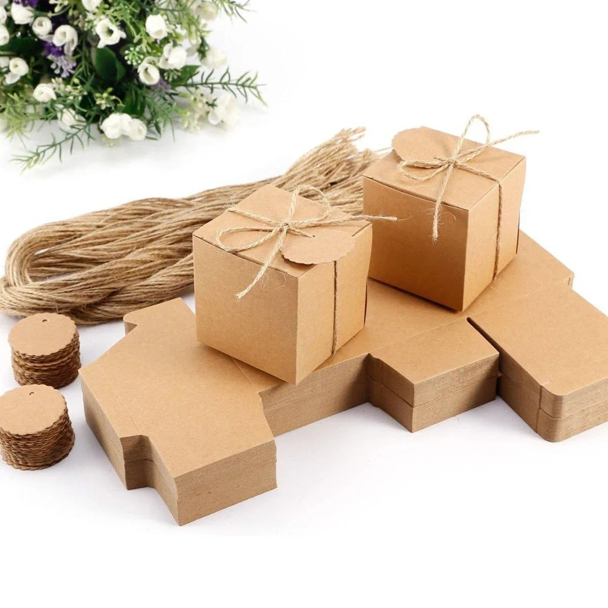 Kraft Paper Gift Boxes with Hemp Rope and Tags 50PCS